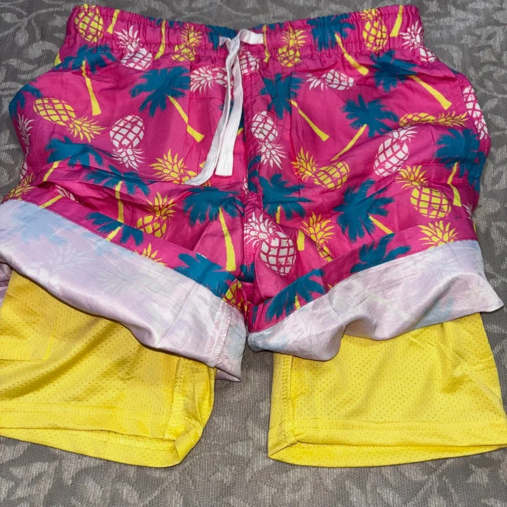 Kids Pink Pineapple Palm‎ Tree Swim Trunks Size 8  Liner Shorts (A28)
